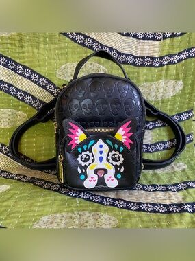 Rare Betsey Johnson Day of the Dead Bulldog Sugar Skull Mini Backpack Kawaii